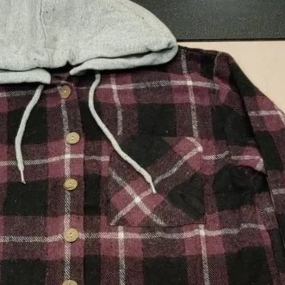 BUTTON Shirts Hoodie Plaid Flannel Long Sleeve- Purple plaid - Picture 2 of 4